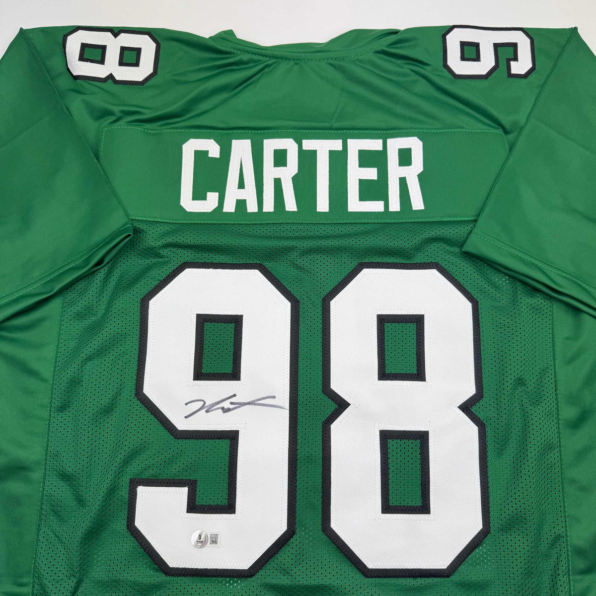 Autographed/Signed Jalen Carter Philadelphia Kelly Green Football Jersey Beckett BAS COA
