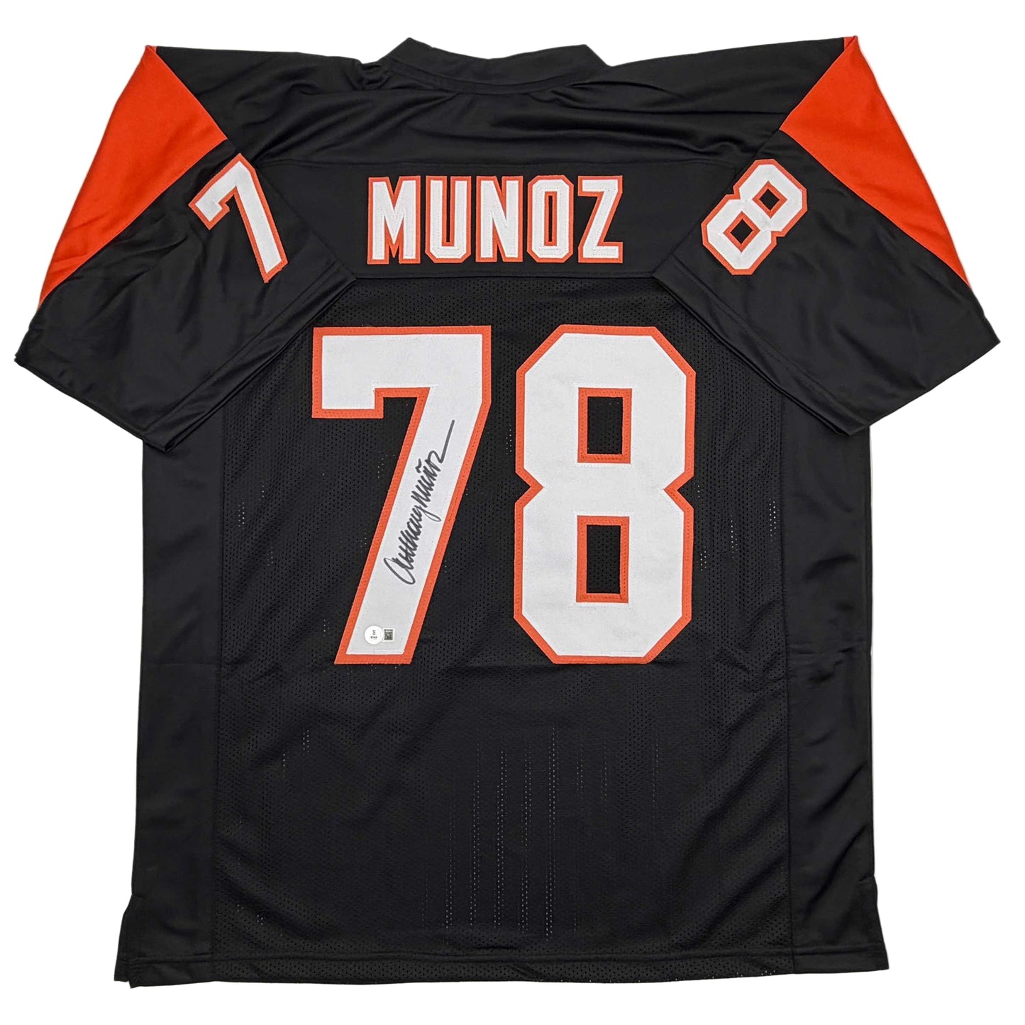 Autographed/Signed Anthony Munoz Cincinnati Black Football Jersey Beckett BAS COA