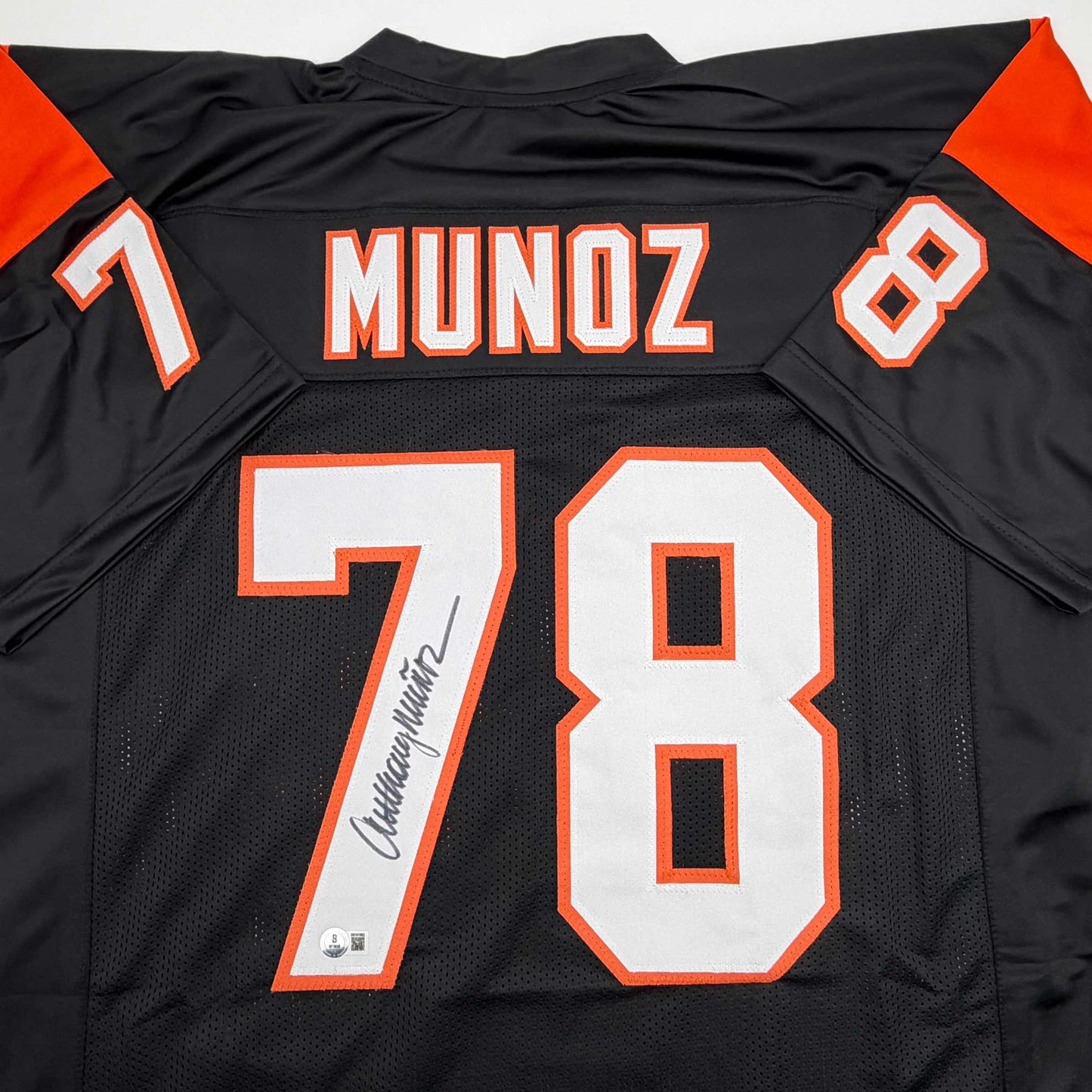 Autographed/Signed Anthony Munoz Cincinnati Black Football Jersey Beckett BAS COA