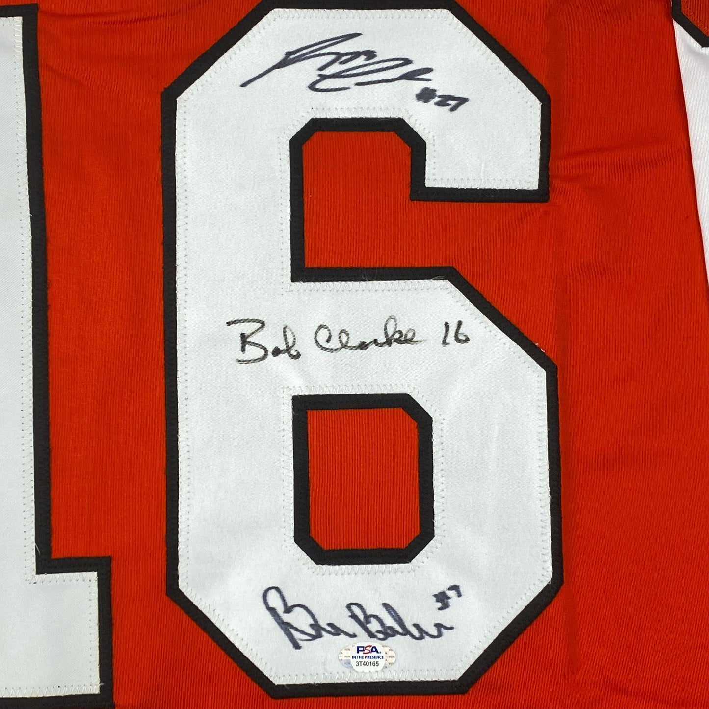 Autographed/Signed Reggie Leach, Bobby Clarke & Bill Barber Philadelphia Orange Hockey Jersey PSA/DNA COA