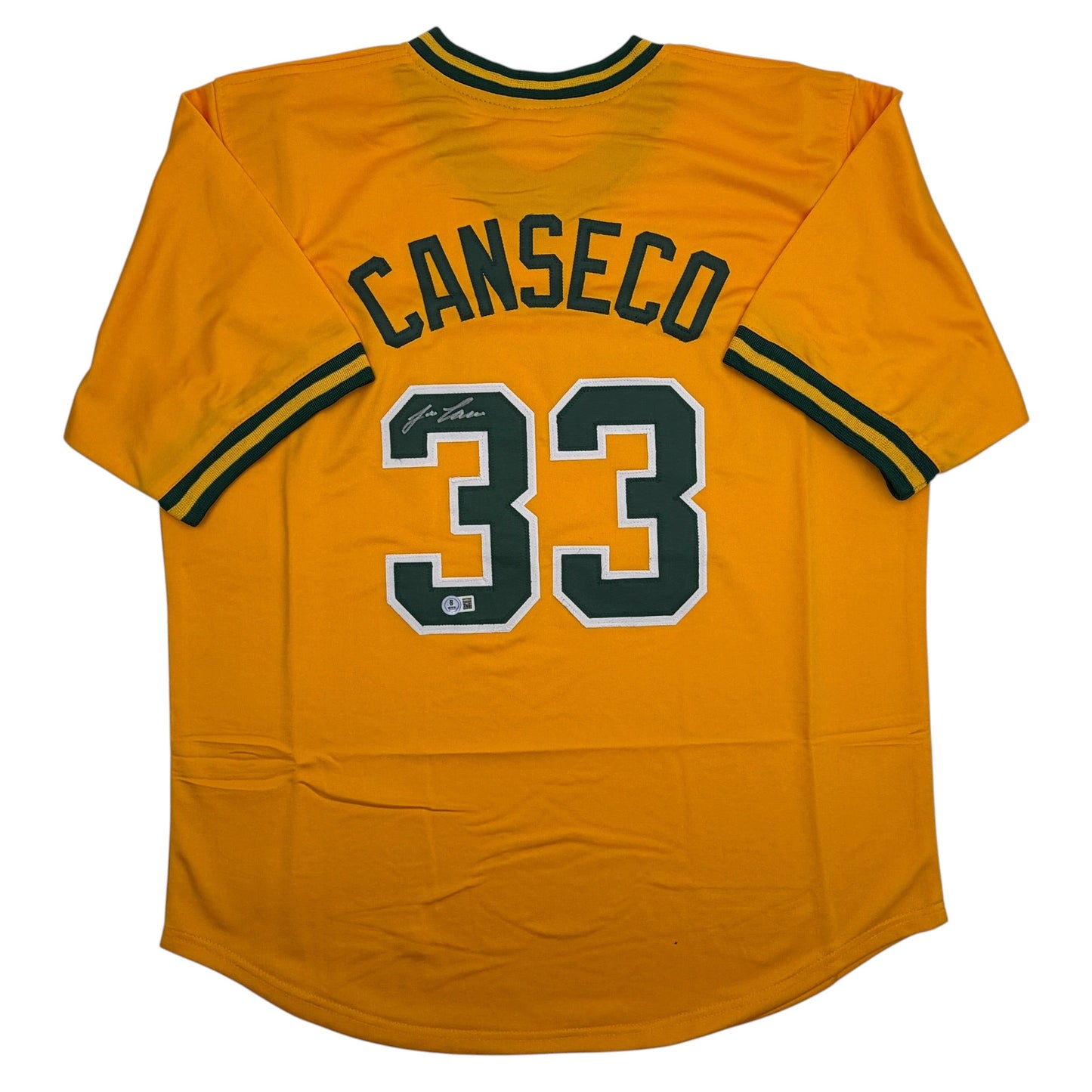 Autographed/Signed Jose Canseco Oakland Yellow Baseball Jersey Beckett BAS COA