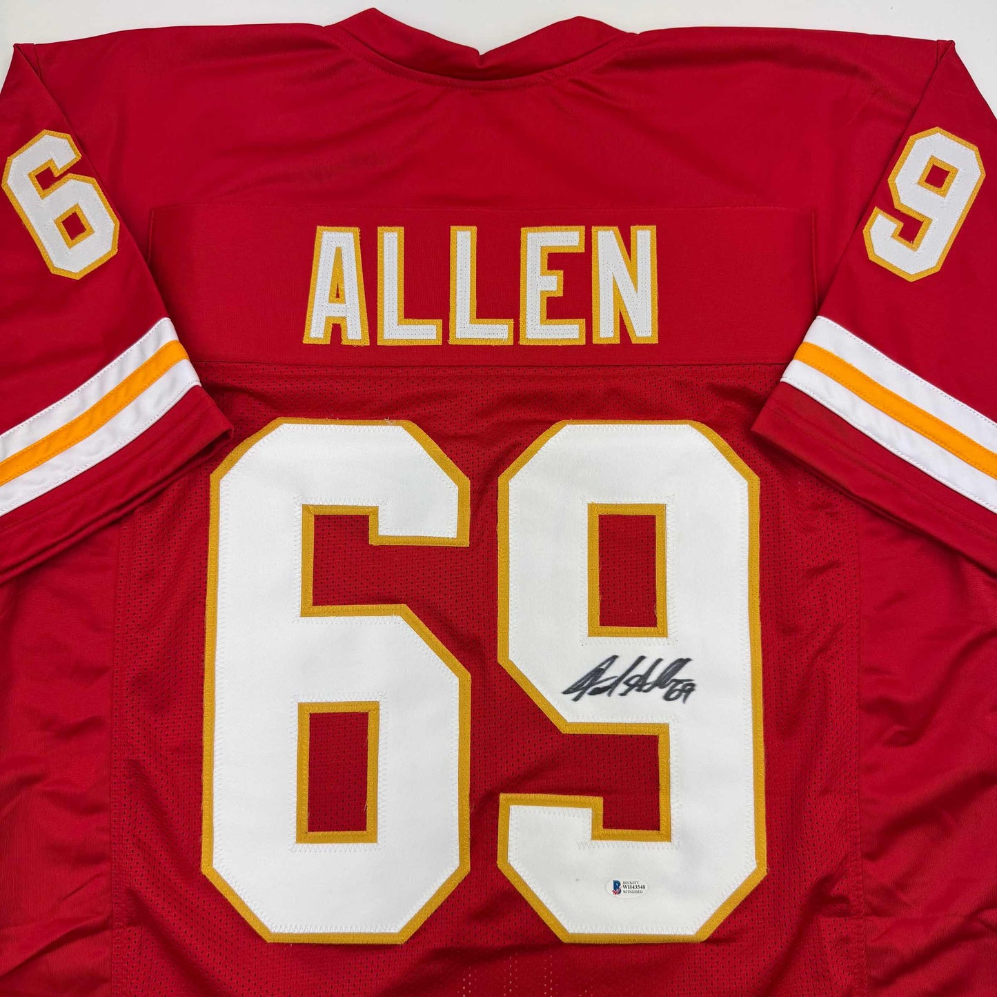 Autographed/Signed Jared Allen Kansas City Red Football Jersey Beckett BAS COA