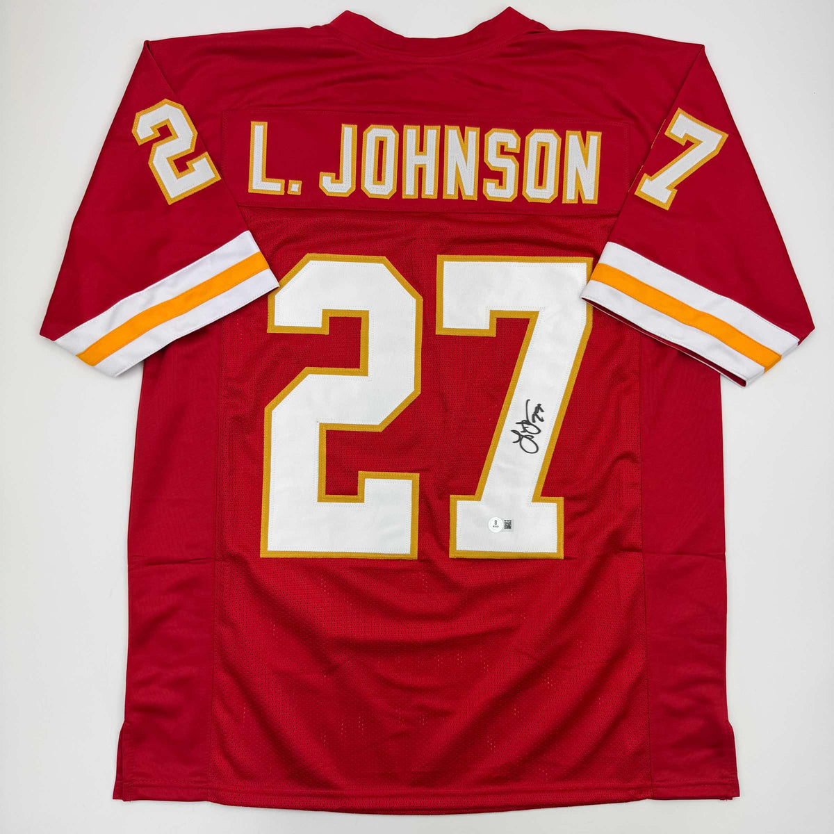 Autographed/Signed Larry Johnson Kansas City Red Football Jersey Beckett BAS COA