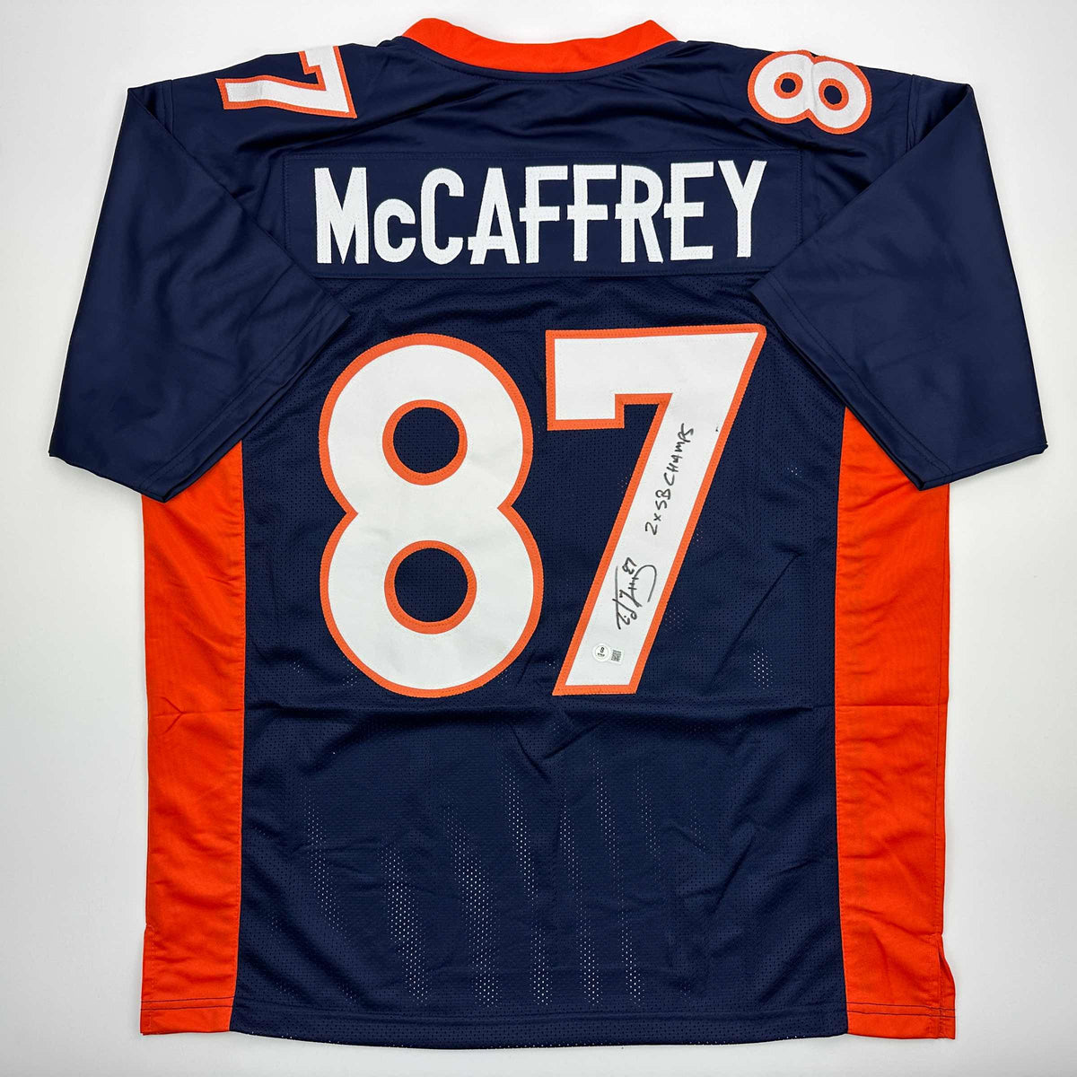 Autographed/Signed Ed McCaffrey 2x SB Champs Denver Blue Football Jersey Beckett BAS COA
