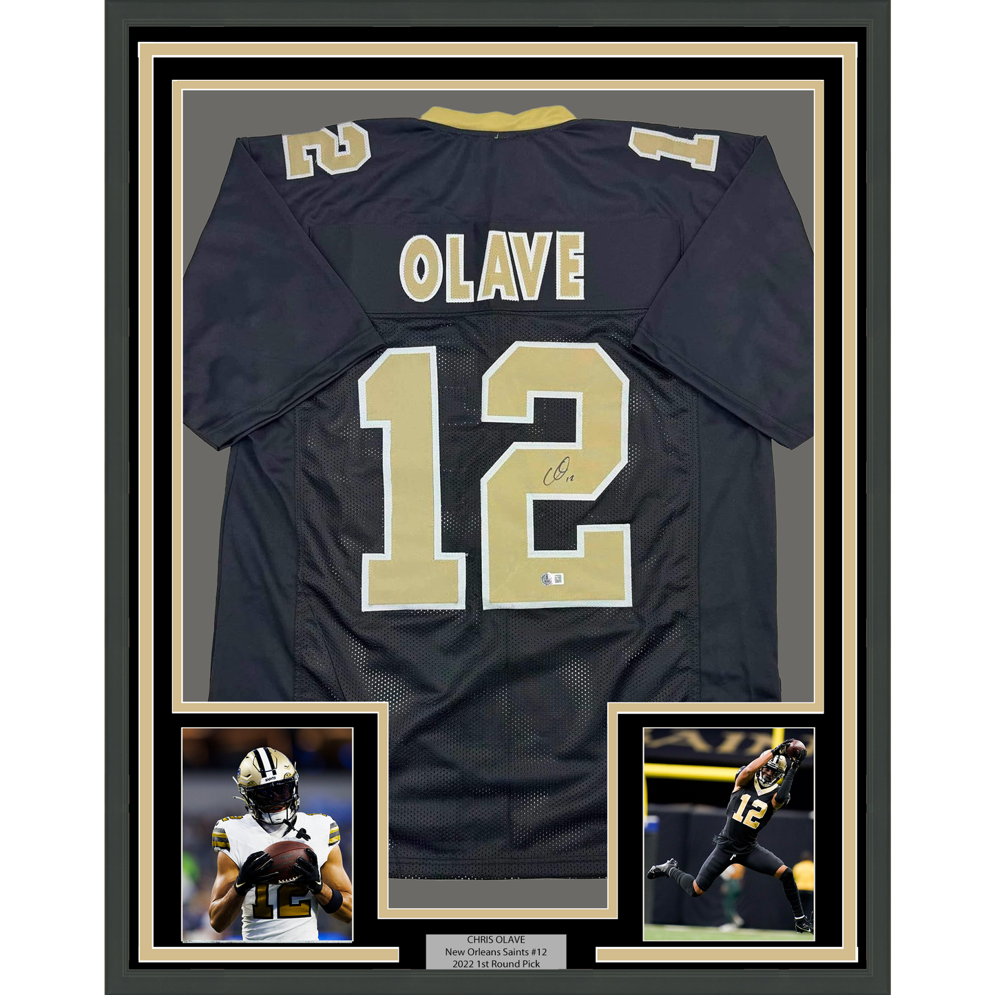 Framed Autographed/Signed Chris Olave 35x39 New Orleans Black Football Jersey Beckett BAS COA