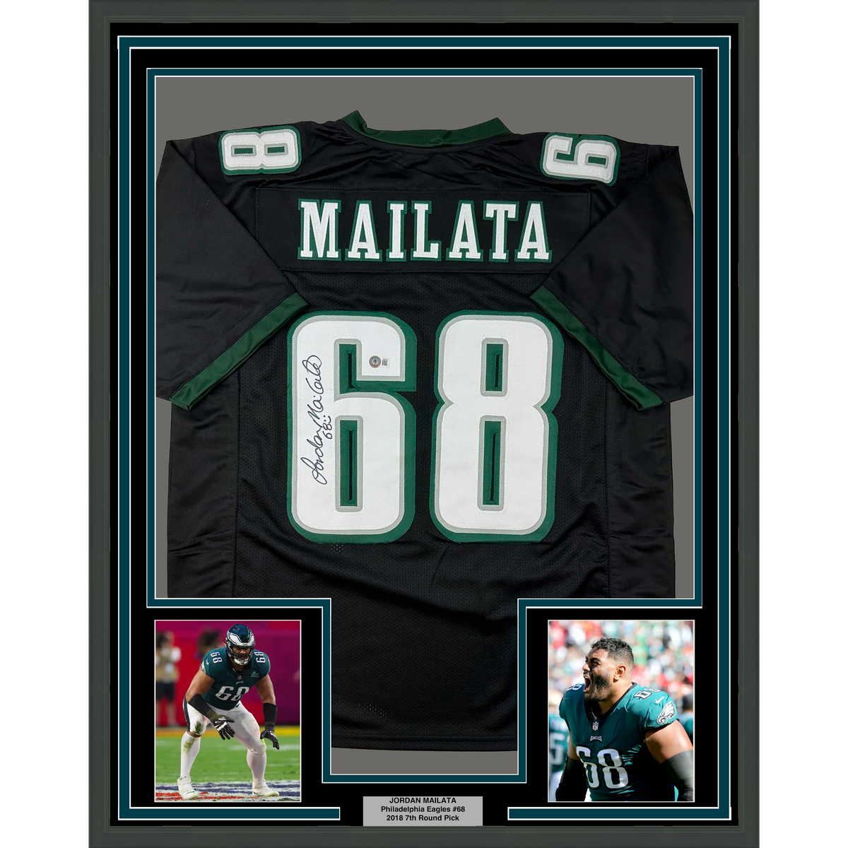 Framed Autographed/Signed Jordan Mailata 35x39 Philadelphia Black Football Jersey Beckett BAS COA
