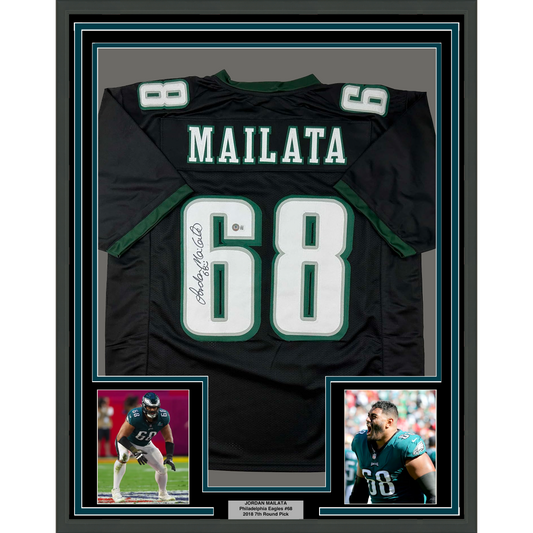 Framed Autographed/Signed Jordan Mailata 35x39 Philadelphia Black Football Jersey Beckett BAS COA
