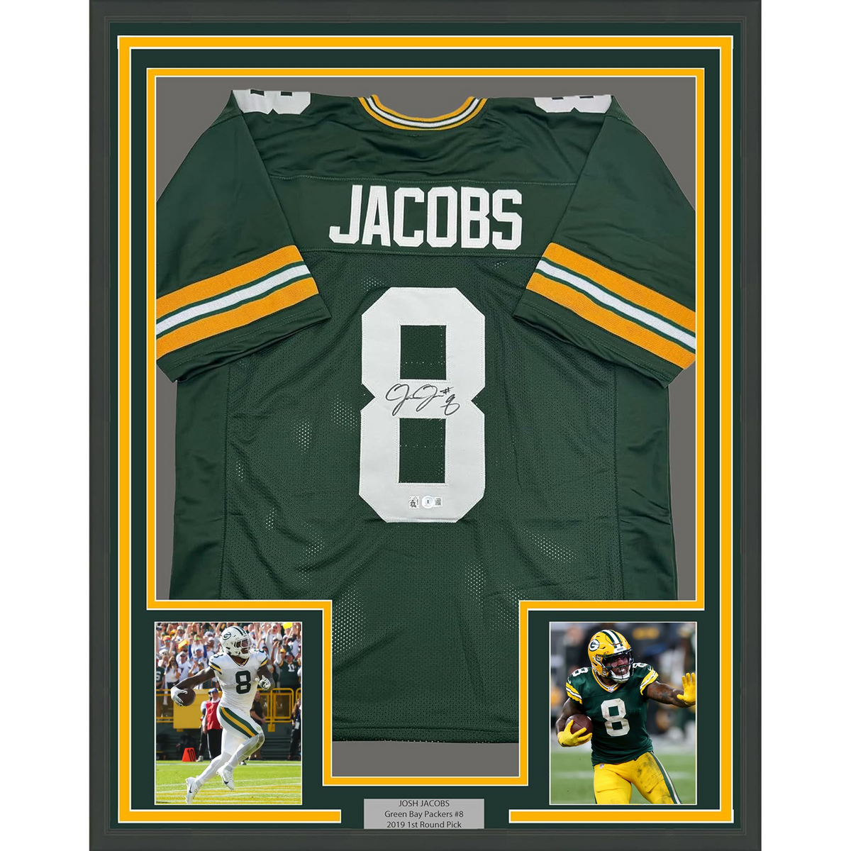 Framed Autographed/Signed Josh Jacobs 35x39 Green Bay Green Football Jersey Beckett BAS COA