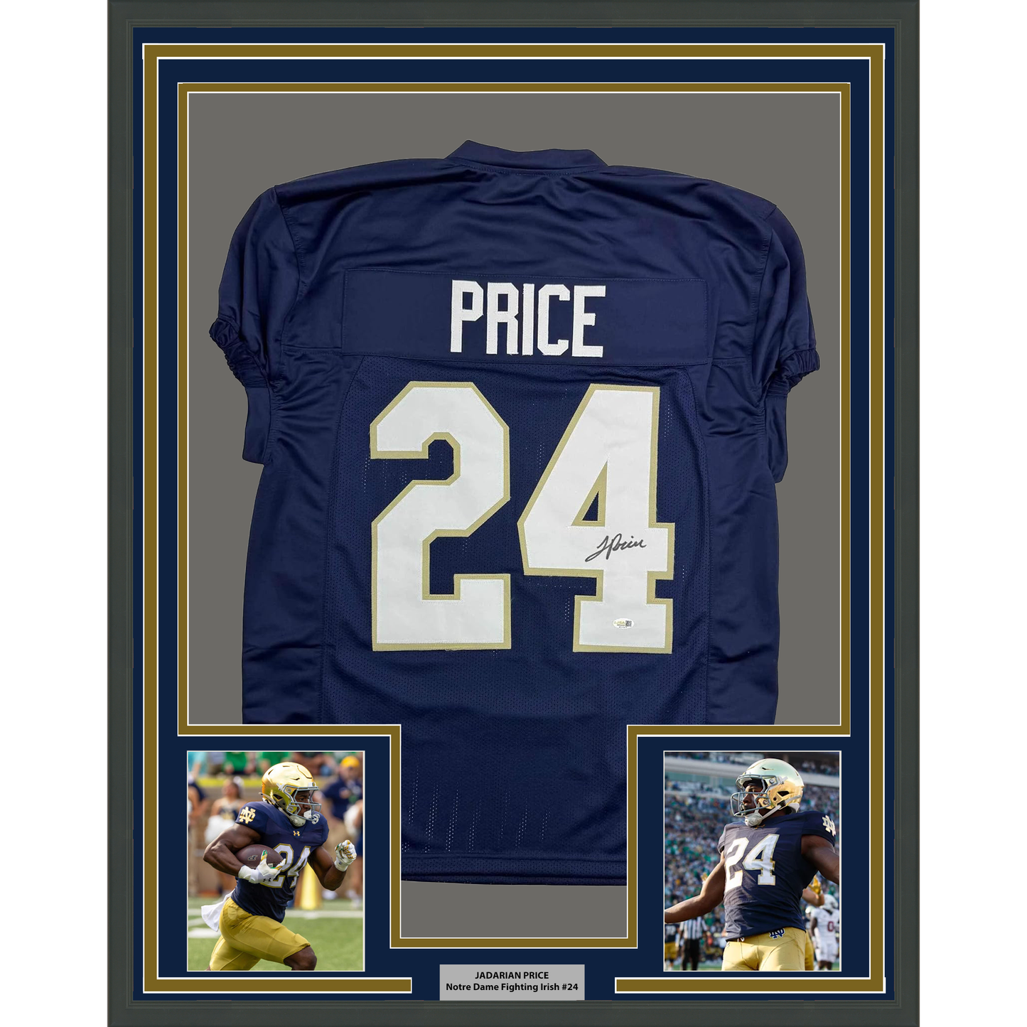 Framed Autographed/Signed JaDarian Price 35x39 Notre Dame Blue College Football Jersey JSA COA