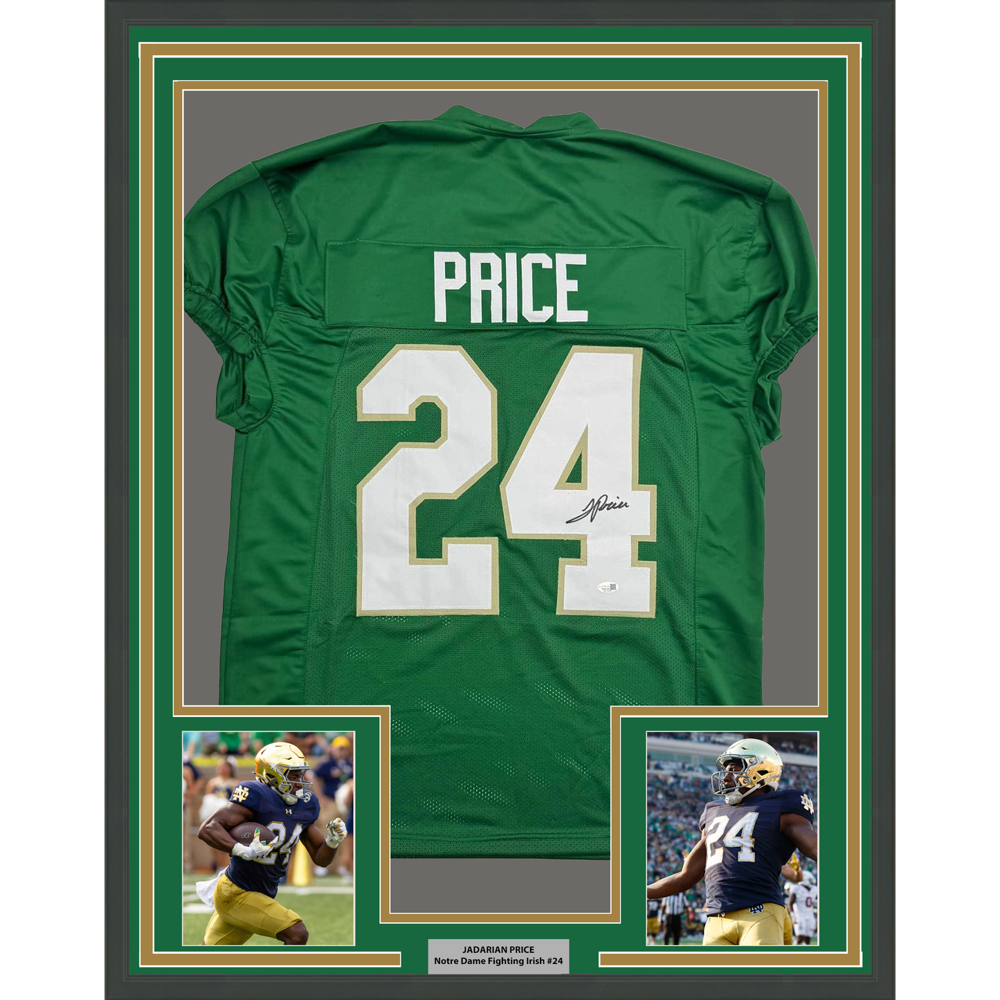Framed Autographed/Signed JaDarian Price 35x39 Notre Dame Green College Football Jersey JSA COA
