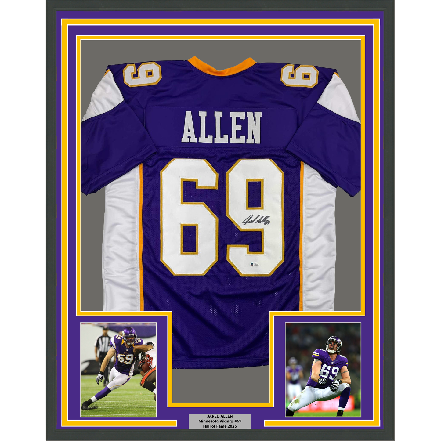Framed Autographed/Signed Jared Allen 35x39 Minnesota Purple Football Jersey Beckett BAS COA