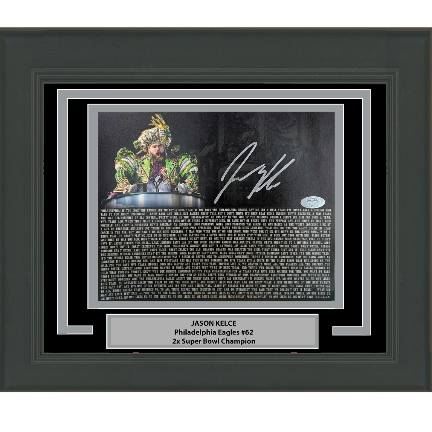 Framed Autographed/Signed Jason Kelce Super Bowl Parade Speech Transcript Mummers Philadelphia Eagles 8x10 Football Photo PSA/DNA COA