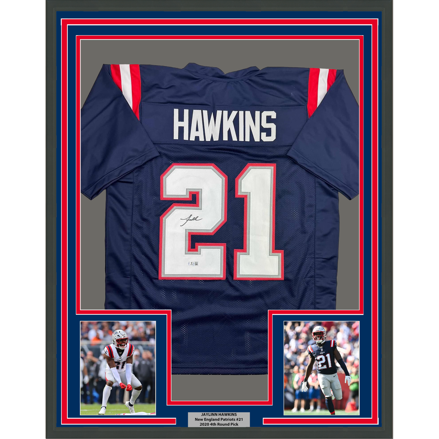 Framed Autographed/Signed Jaylinn Hawkins 35x39 New England Blue Football Jersey Beckett BAS COA