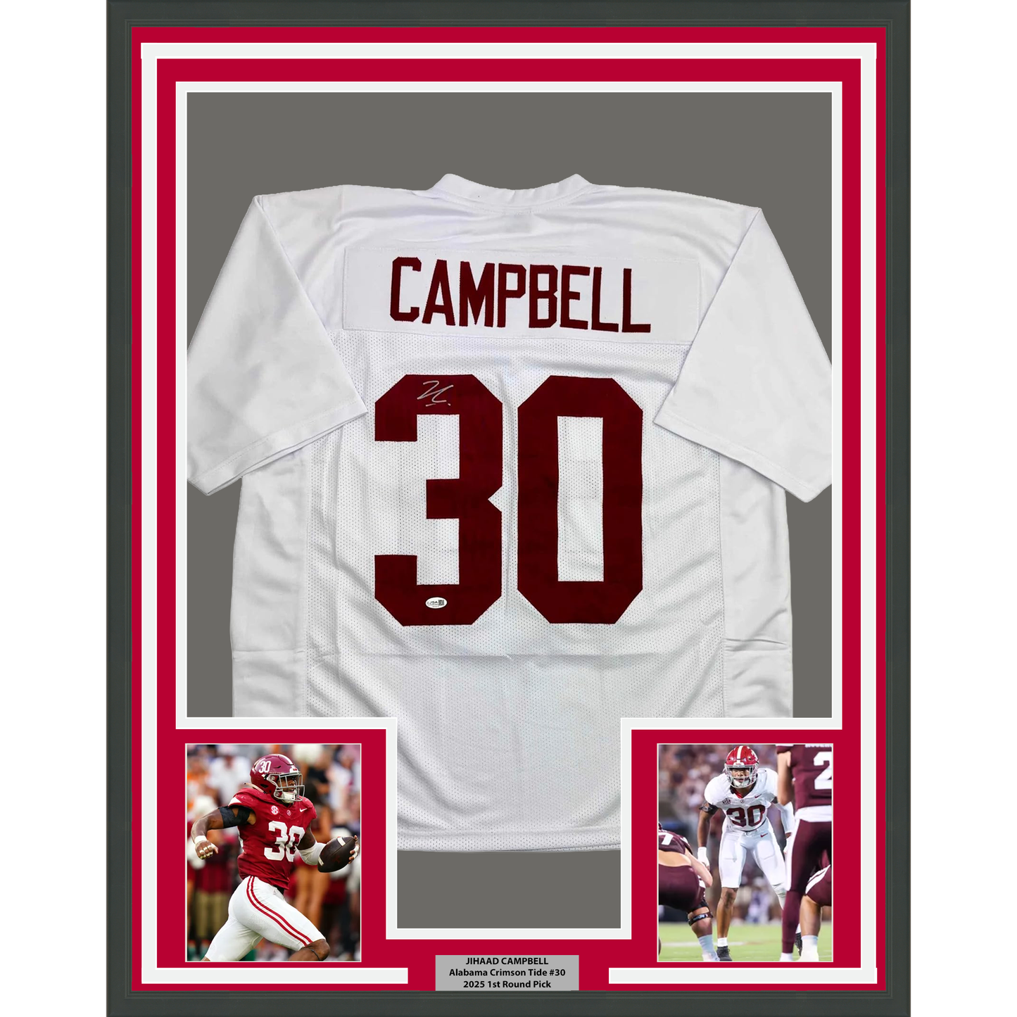 Framed Autographed/Signed Jihaad Campbell 35x39 Alabama White College Football Jersey JSA COA