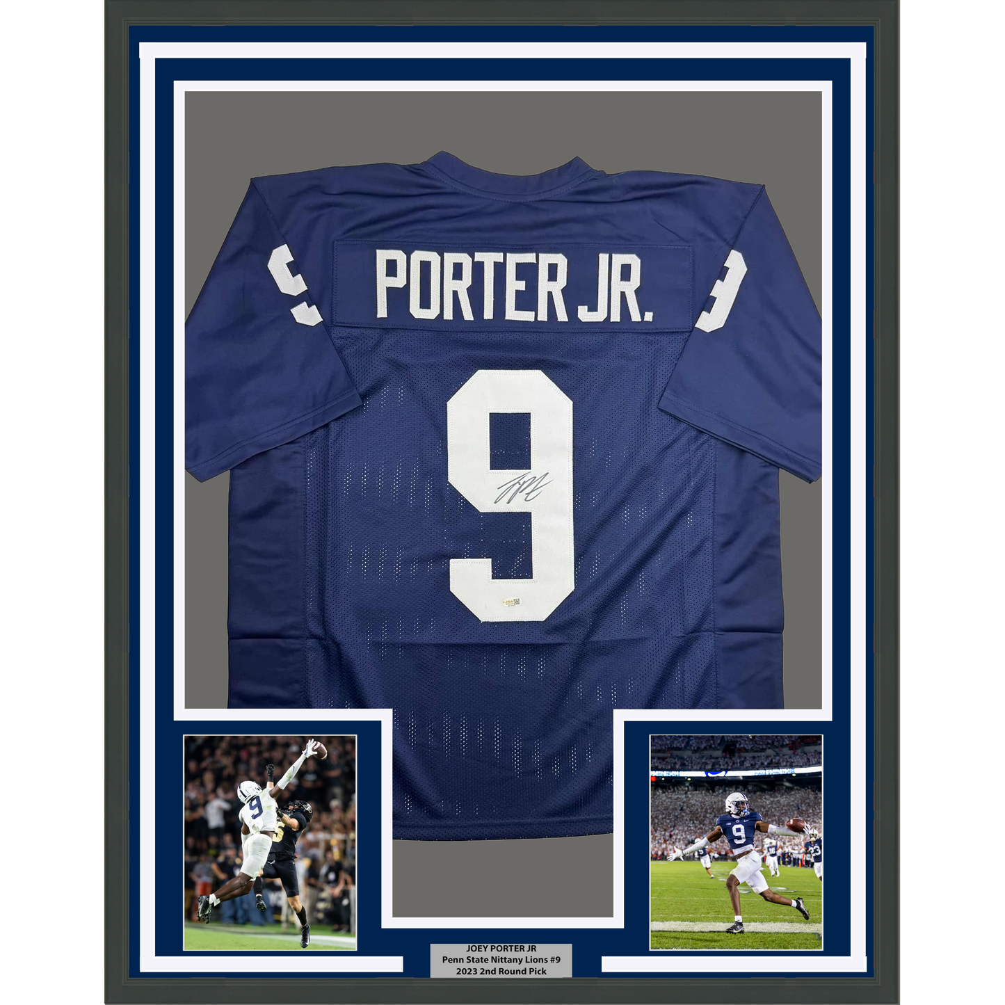 Framed Autographed/Signed Joey Porter Jr. 35x39 Penn State Blue College Football Jersey Beckett BAS COA