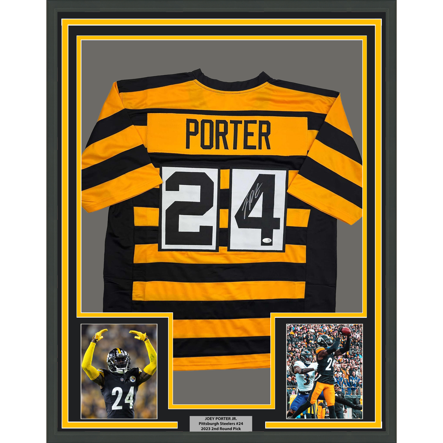Framed Autographed/Signed Joey Porter Jr. 35x39 Pittsburgh Bumble Bee Football Jersey JSA COA