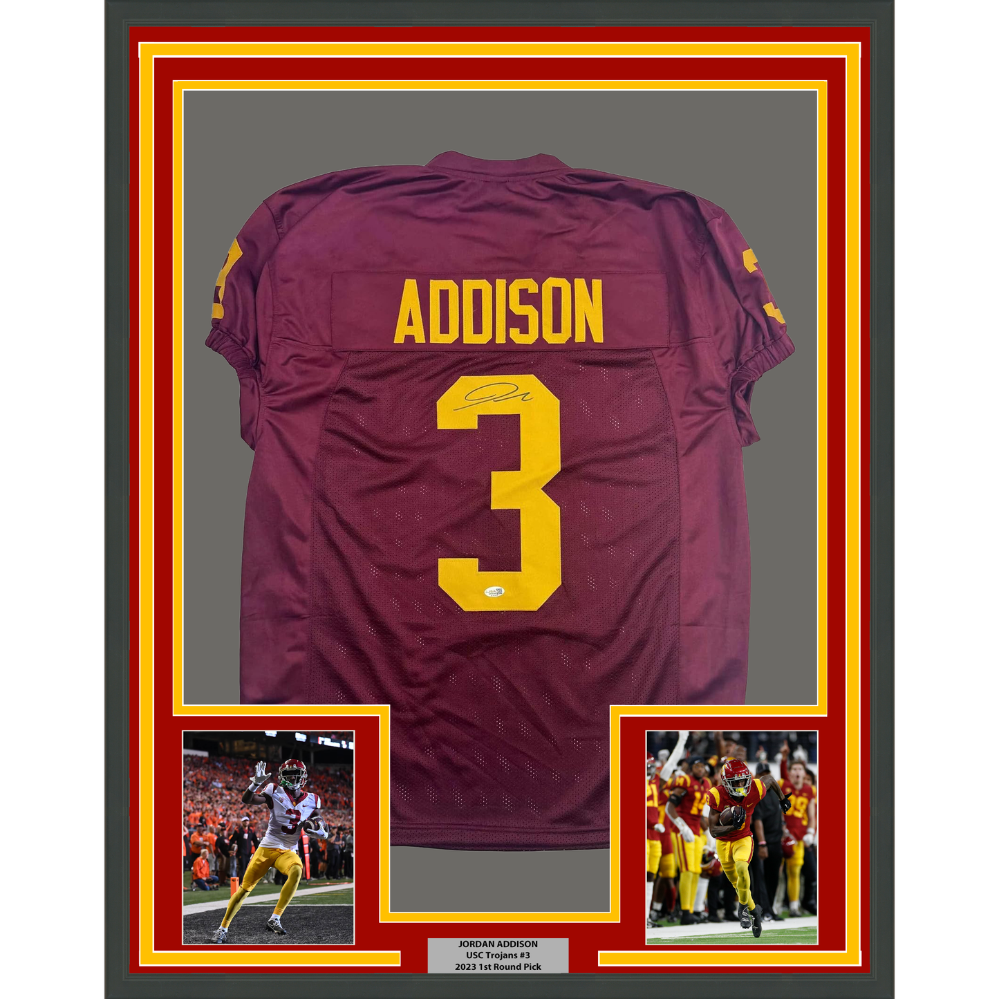 Framed Autographed/Signed Jordan Addison 35x39 USC Southern Cal Red College Football Jersey JSA COA