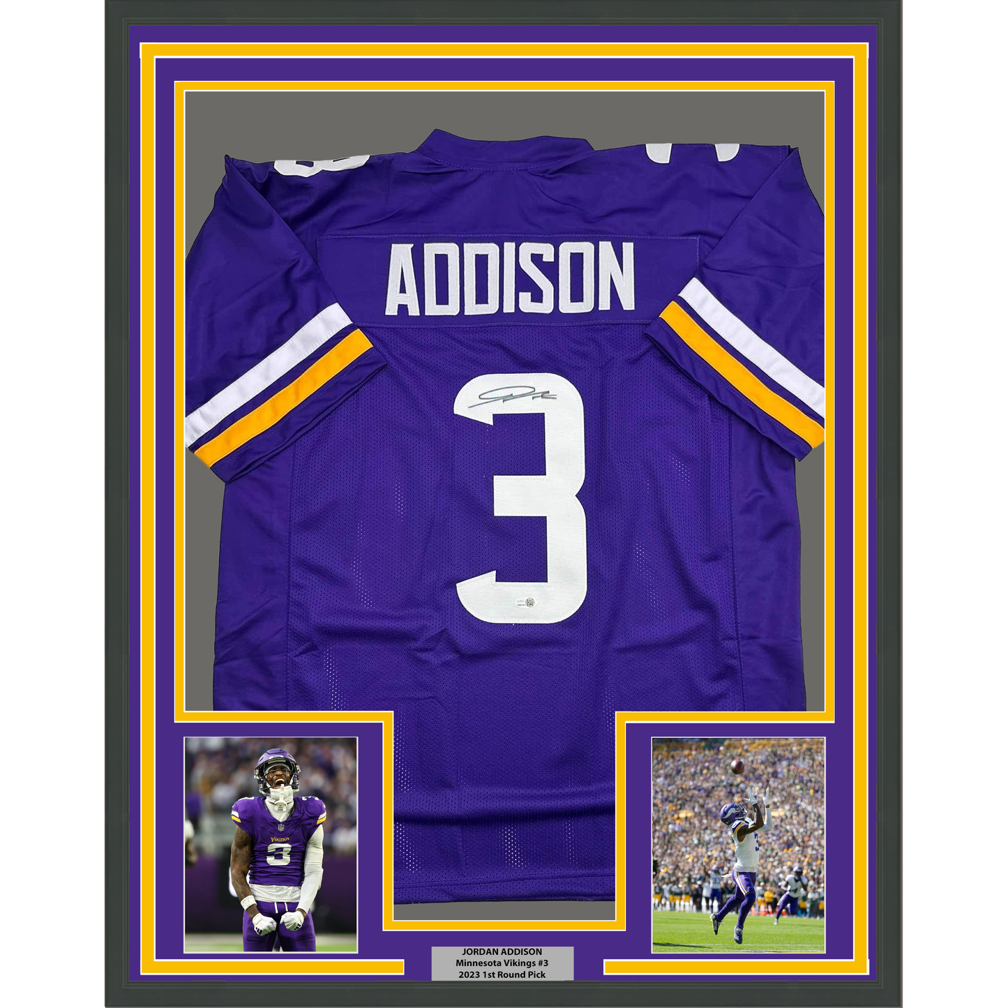 Framed Autographed/Signed Jordan Addison 35x39 Minnesota Purple Football Jersey JSA COA