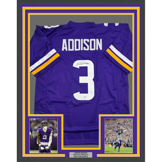 Framed Autographed/Signed Jordan Addison 35x39 Minnesota Purple Football Jersey JSA COA