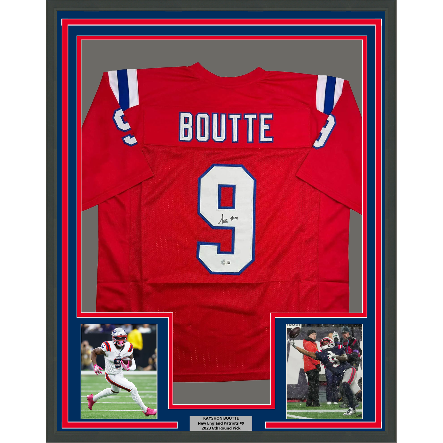 Framed Autographed/Signed Kayshon Boutte 35x39 New England Red Football Jersey Beckett BAS COA
