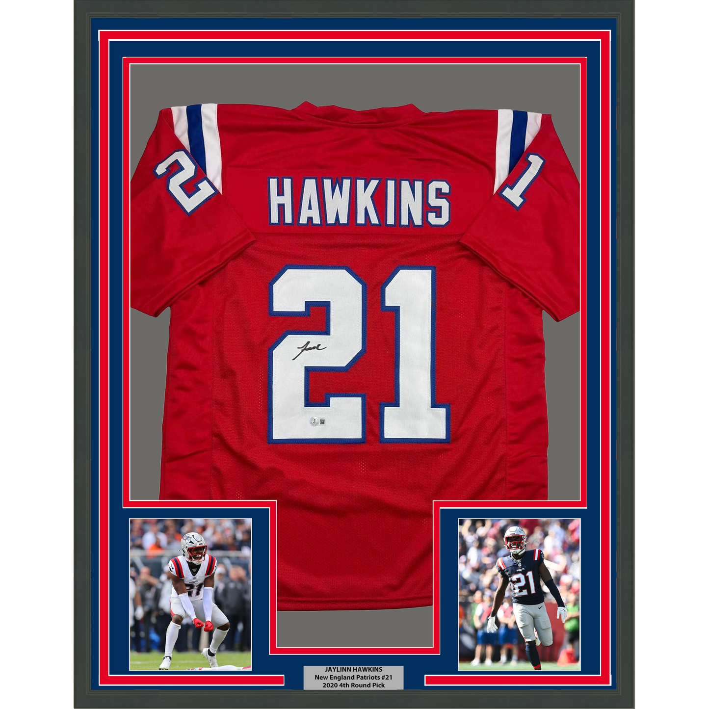 Framed Autographed/Signed Jaylinn Hawkins 35x39 New England Red Football Jersey Beckett BAS COA