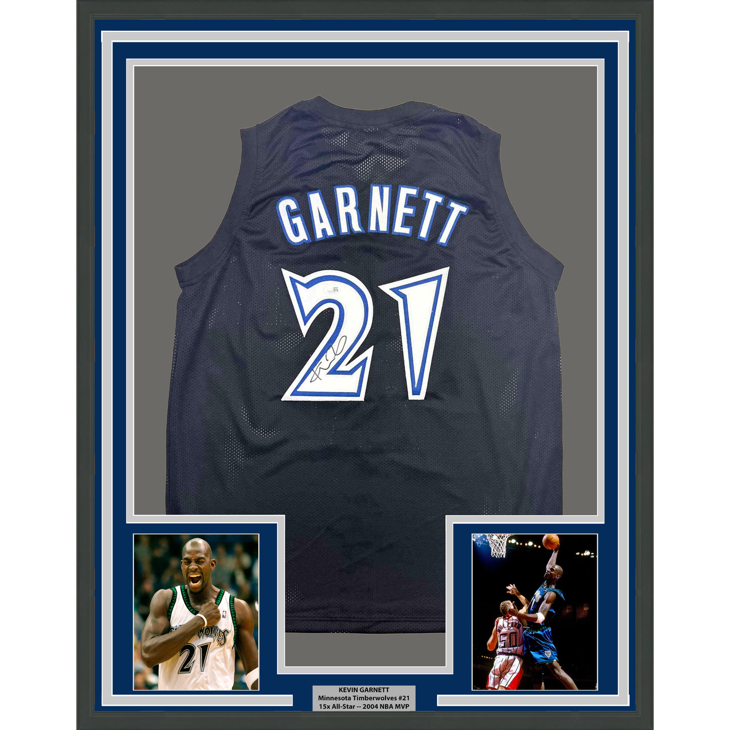 Framed Autographed/Signed Kevin Garnett 35x39 Minnesota Black Basketball Jersey Beckett BAS COA
