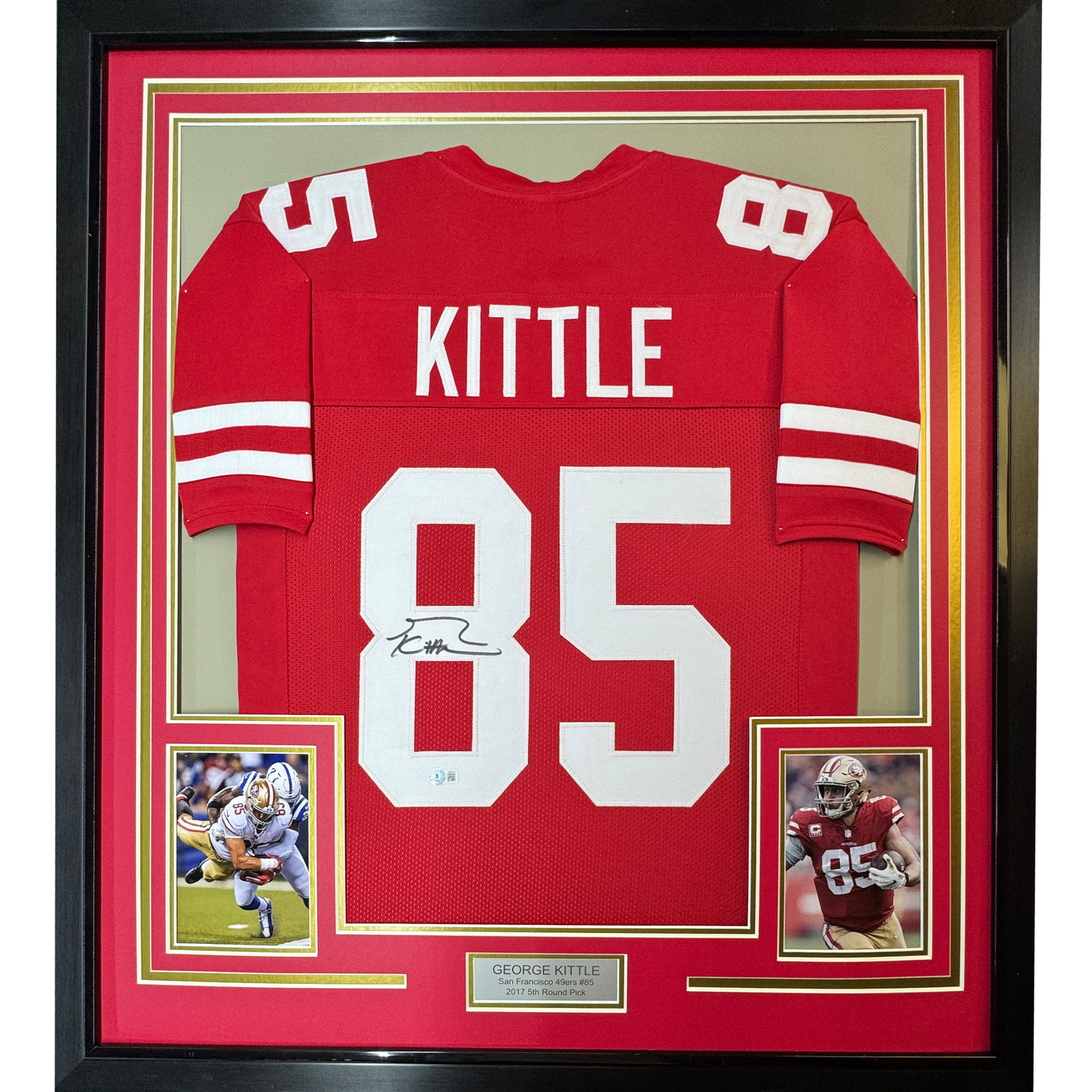 Framed Autographed/Signed George Kittle 35x39 San Francisco Red Football Jersey Beckett BAS COA