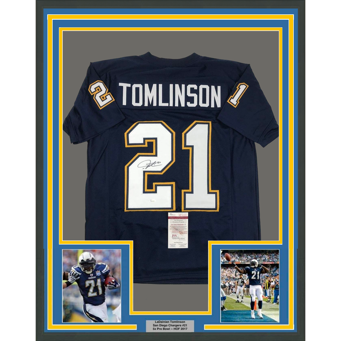 Framed Autographed/Signed LaDainian Tomlinson 35x39 San Diego Dark Blue Football Jersey JSA COA