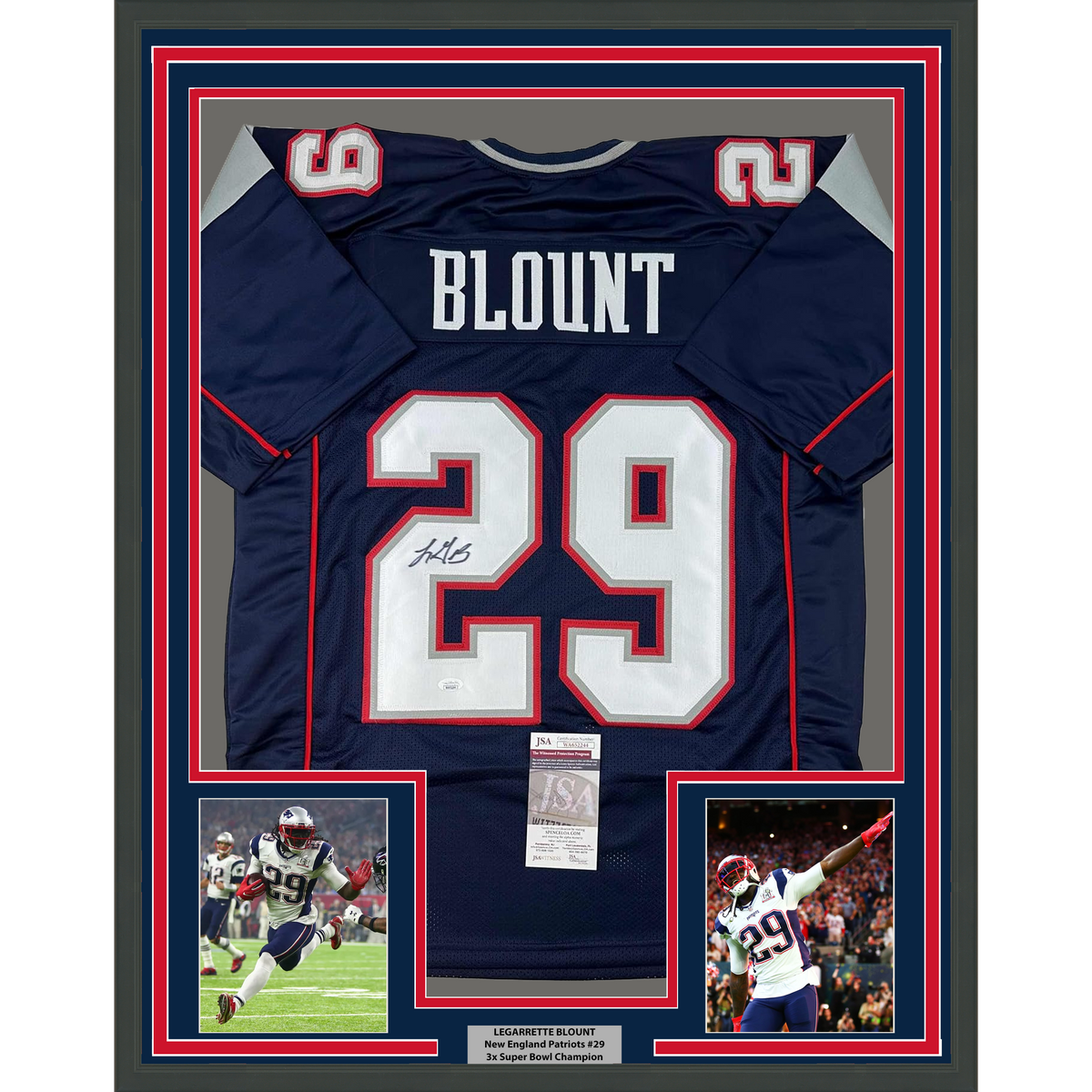 Framed Autographed/Signed LeGarrette Blount 35x39 New England Blue Football Jersey JSA COA