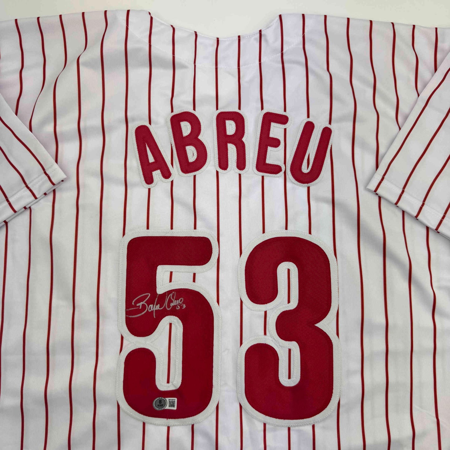 Autographed/Signed Bobby Abreu Philadelphia Pinstripe Baseball Jersey Beckett BAS COA