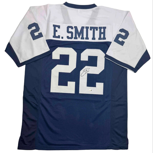 Autographed/Signed Emmitt Smith Dallas Thanksgiving Football Jersey Beckett BAS COA