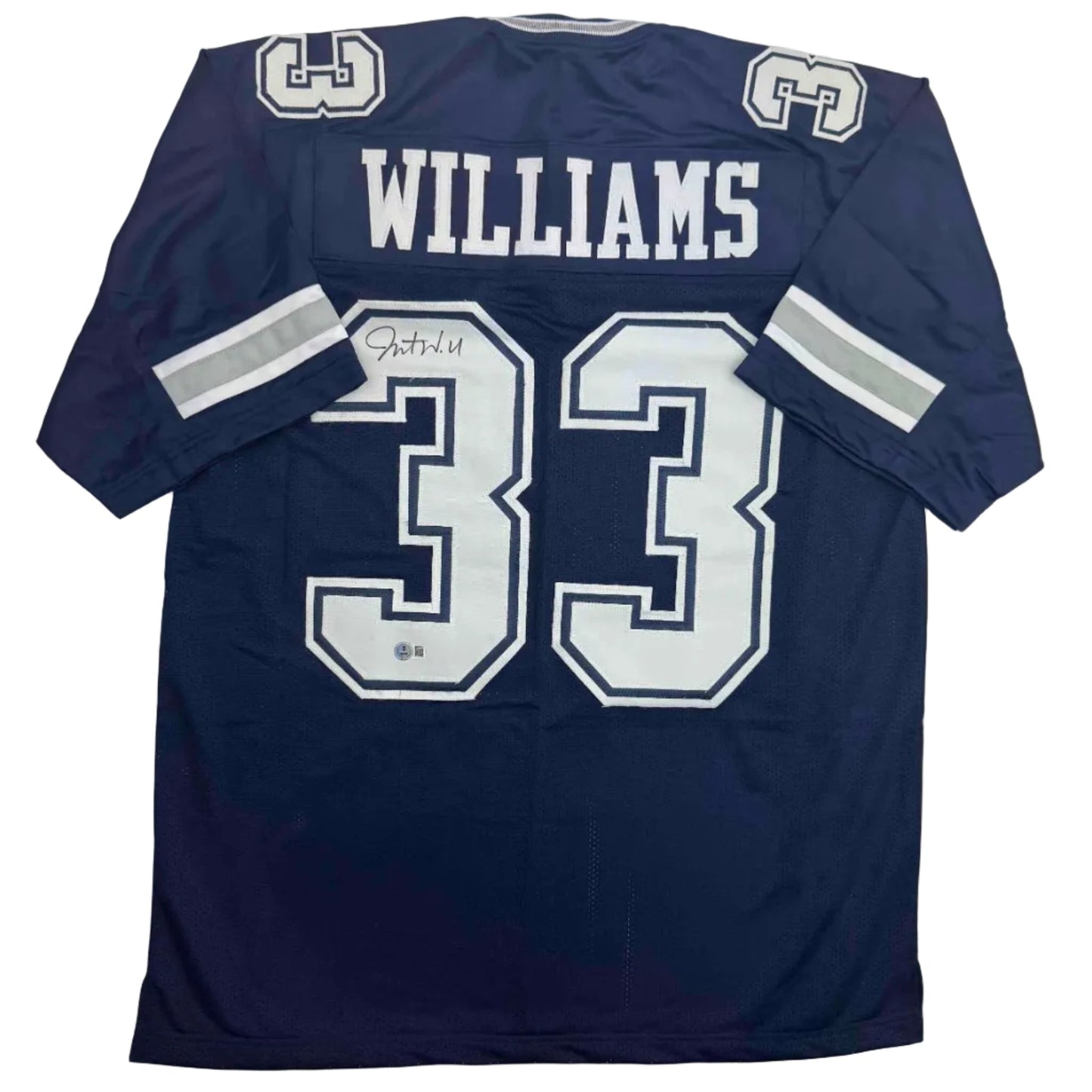 Autographed/Signed Javonte Williams Dallas Blue Football Jersey Beckett BAS COA