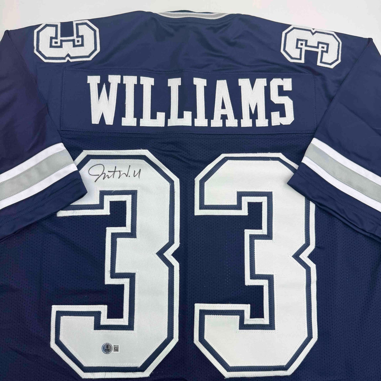 Autographed/Signed Javonte Williams Dallas Blue Football Jersey Beckett BAS COA