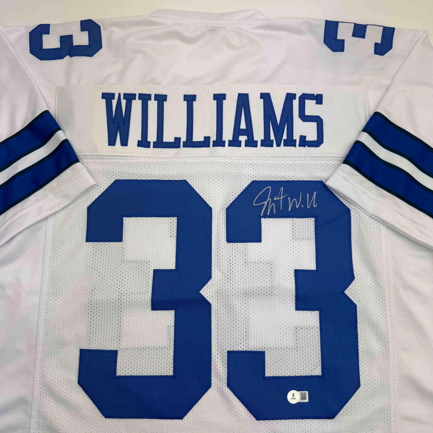 Autographed/Signed Javonte Williams Dallas White Football Jersey Beckett BAS COA