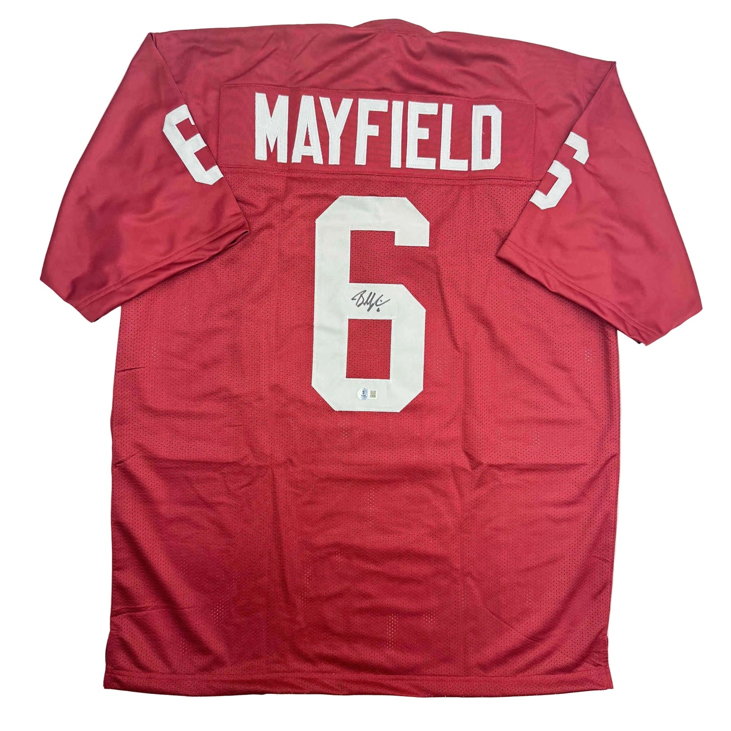 Autographed/Signed Baker Mayfield Oklahoma Crimson College Football Jersey Beckett BAS COA