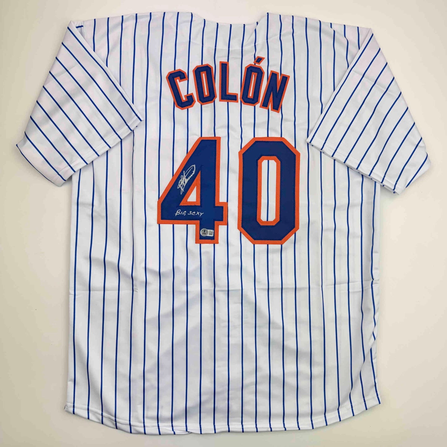 Autographed/Signed Bartolo Colon Inscribed Big Sexy New York Pinstripe Baseball Jersey Beckett BAS COA