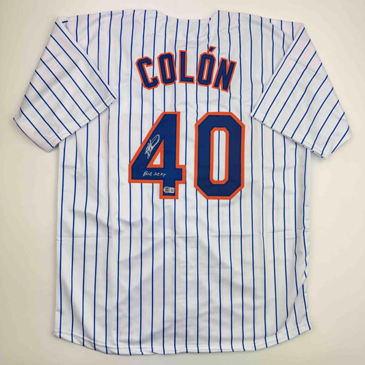 Autographed/Signed Bartolo Colon Inscribed Big Sexy New York Pinstripe Baseball Jersey Beckett BAS COA
