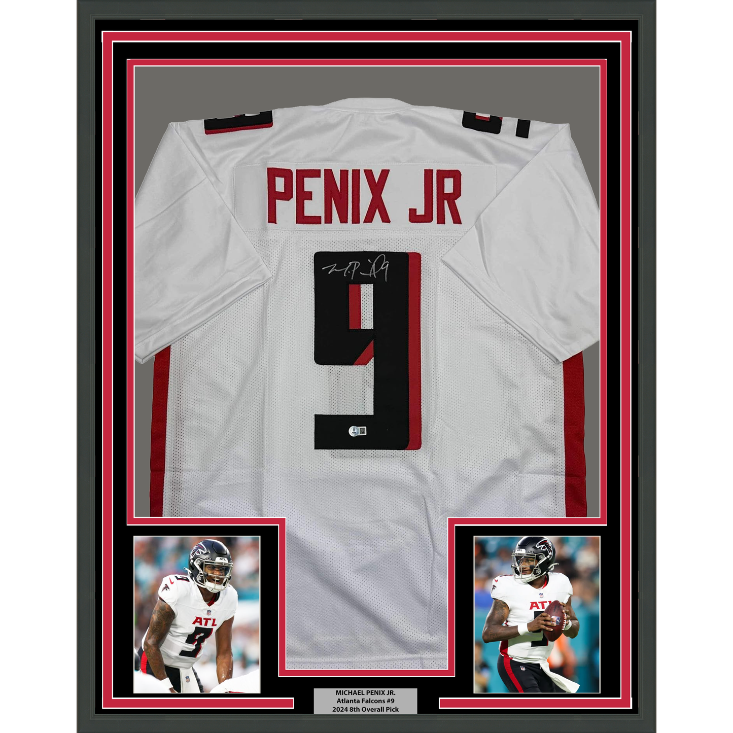 Framed Autographed/Signed Michael Penix Jr. 35x39 Atlanta White Football Jersey Beckett BAS COA