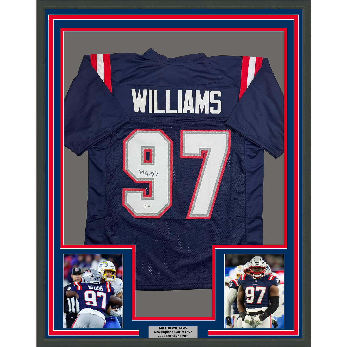 Framed Autographed/Signed Milton Williams 35x39 New England Blue Football Jersey Beckett BAS COA