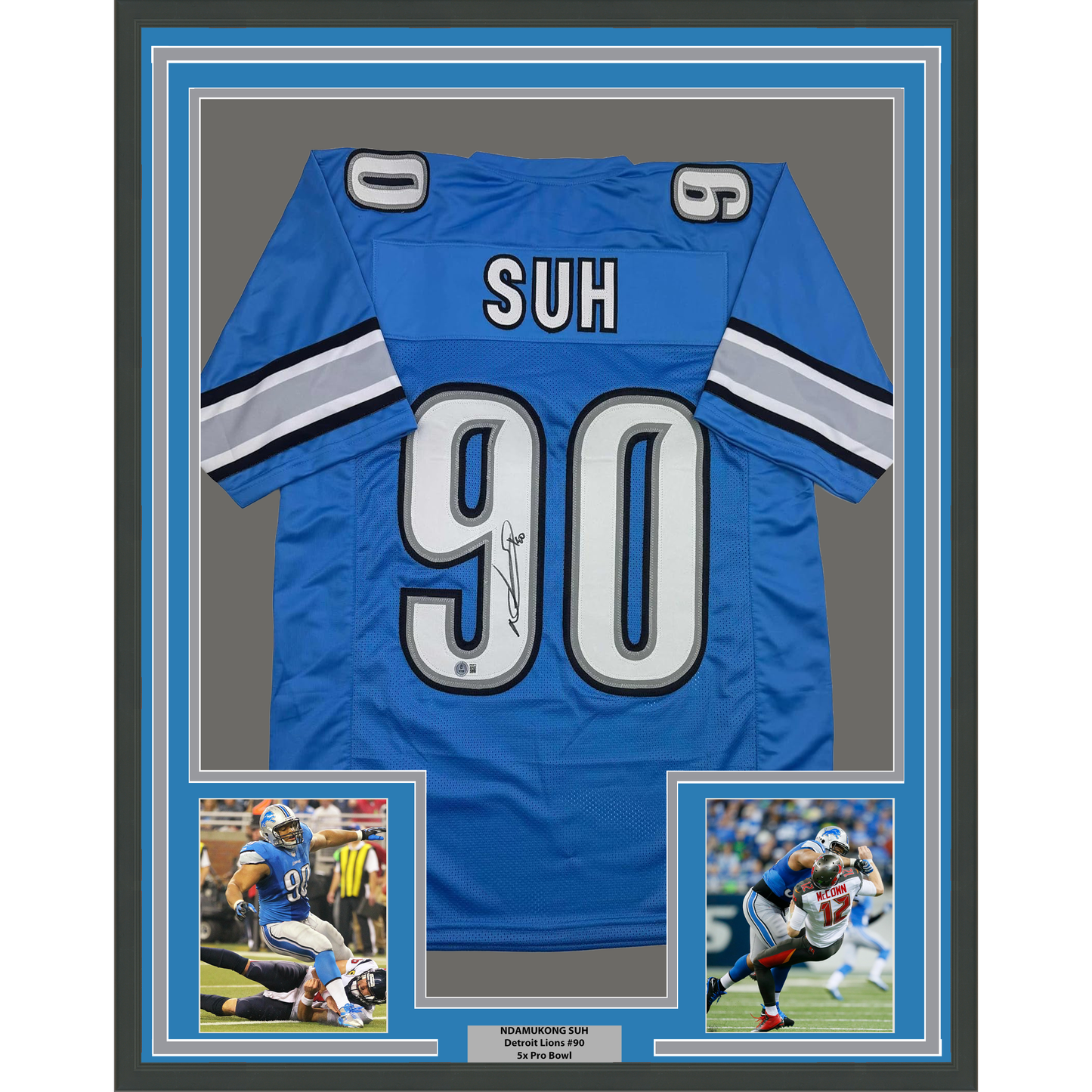Framed Autographed/Signed Ndamukong Suh 35x39 Detroit Blue Football Jersey Beckett BAS COA