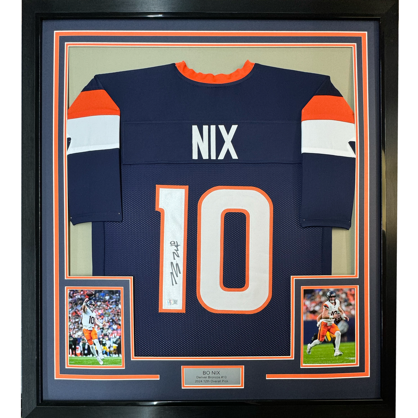 Framed Autographed/Signed Bo Nix 35x39 Denver Blue Football Jersey Beckett BAS COA