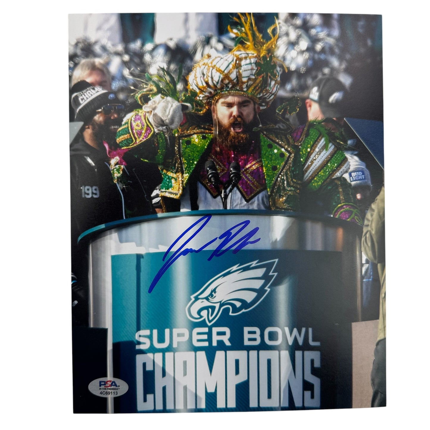 Autographed/Signed Jason Kelce Super Bowl Parade Speech Mummers Philadelphia Eagles 8x10 Football Photo PSA/DNA COA