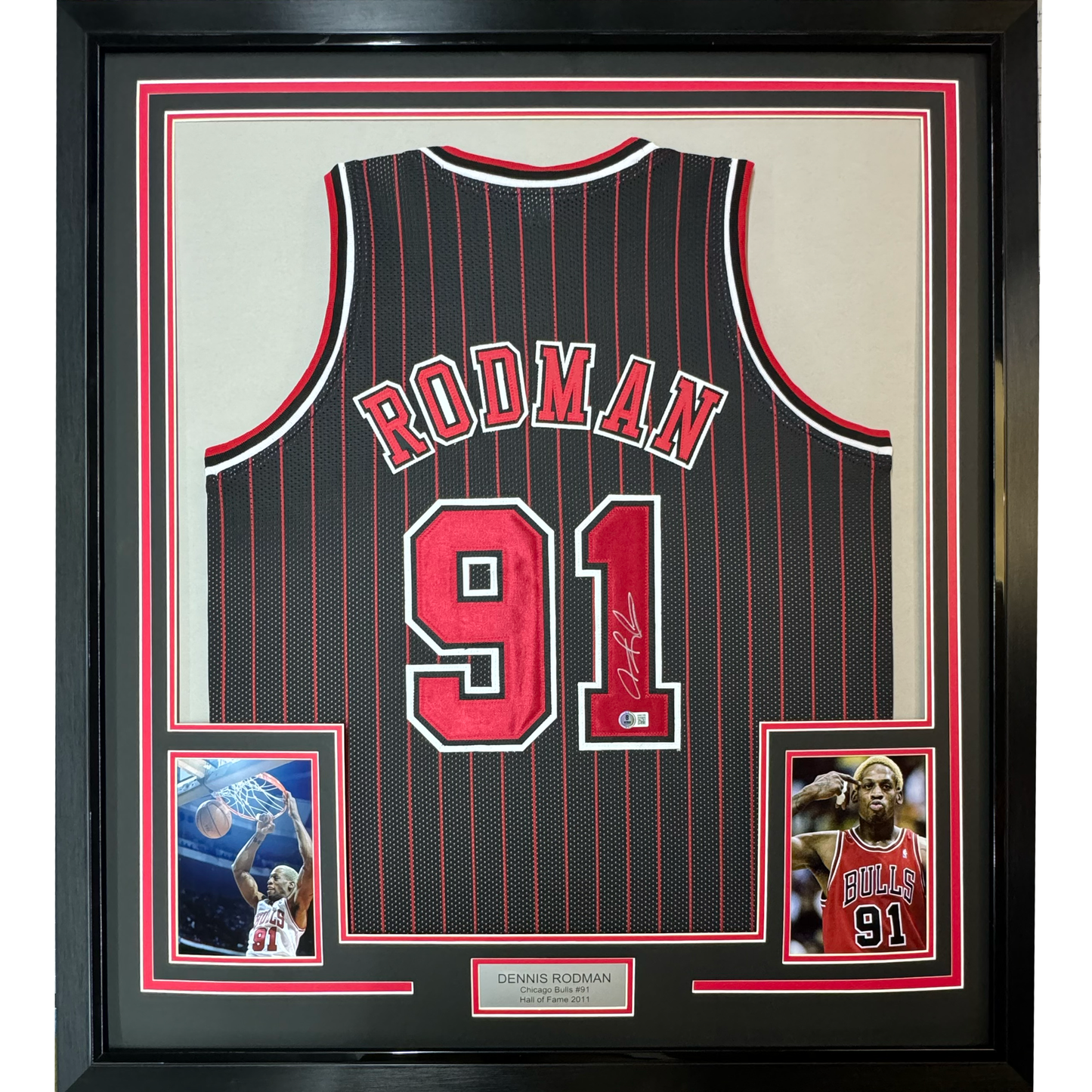 Framed Autographed/Signed Dennis Rodman 35x39 Chicago Pinstripe Basketball Jersey PSA/DNA COA
