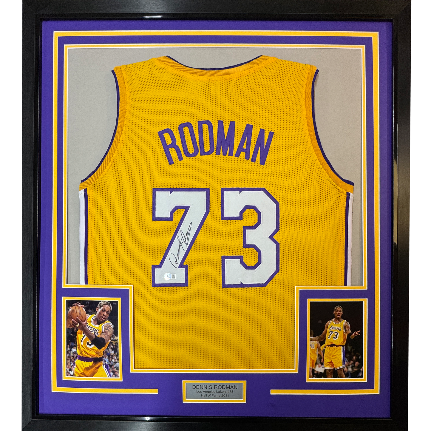 Framed Autographed/Signed Dennis Rodman 35x39 Los Angeles LA Yellow Basketball Jersey PSA/DNA COA