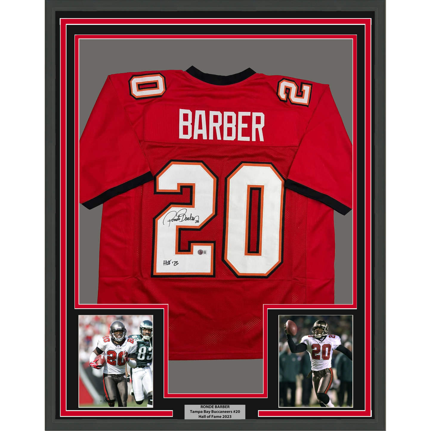 Framed Autographed/Signed Ronde Barber HOF 23 35x39 Tampa Bay Red Football Jersey Beckett BAS COA