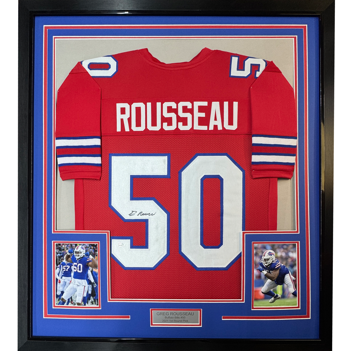 Framed Autographed/Signed Greg Rousseau 35x39 Buffalo Red Football Jersey JSA COA