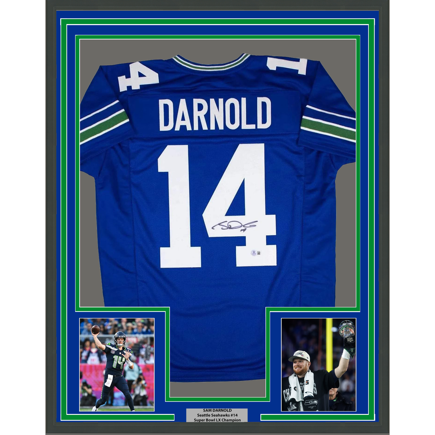 Framed Autographed/Signed Sam Darnold 35x39 Seattle Blue Retro Football Jersey Beckett BAS COA
