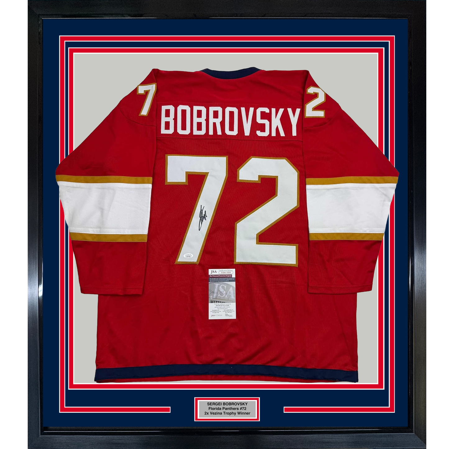 Framed Autographed/Signed Sergei Bobrovsky 35x39 Florida Red Hockey Jersey JSA COA
