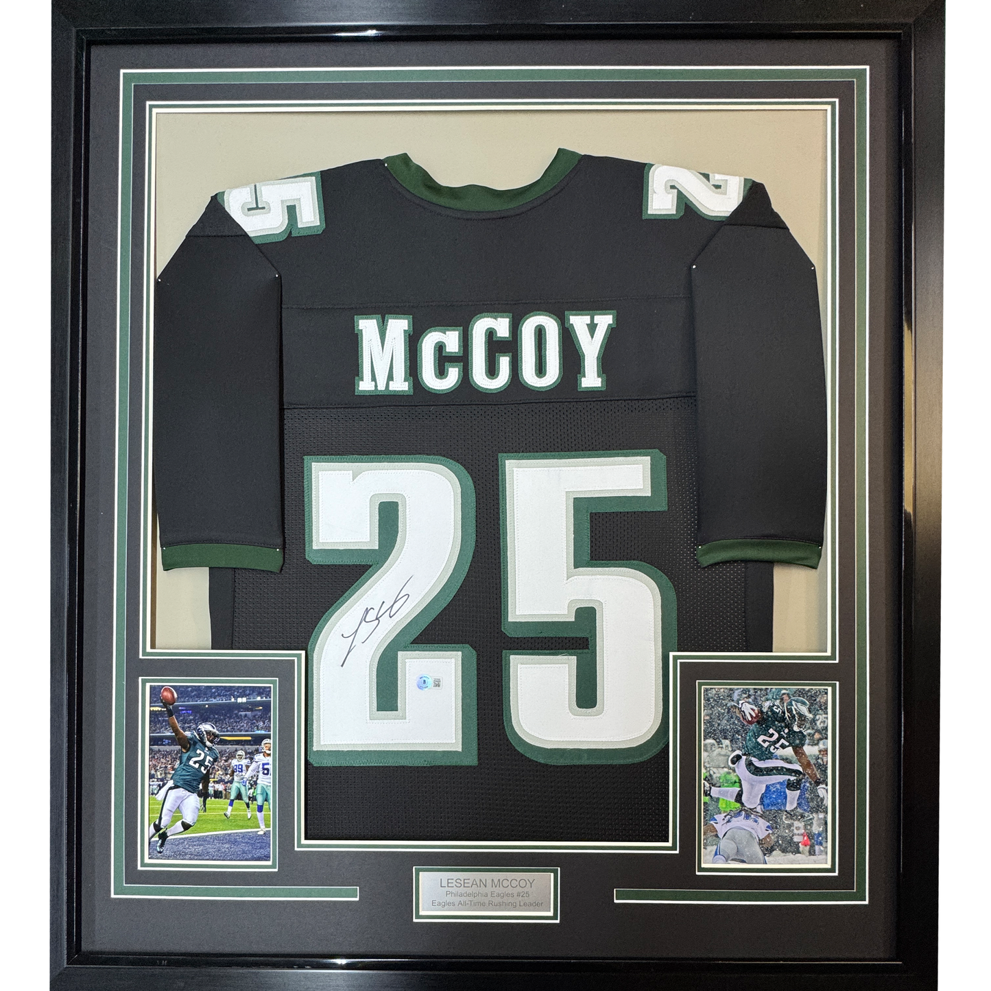 Framed Autographed/Signed LeSean McCoy 35x39 Philadelphia Black Football Jersey Beckett BAS COA