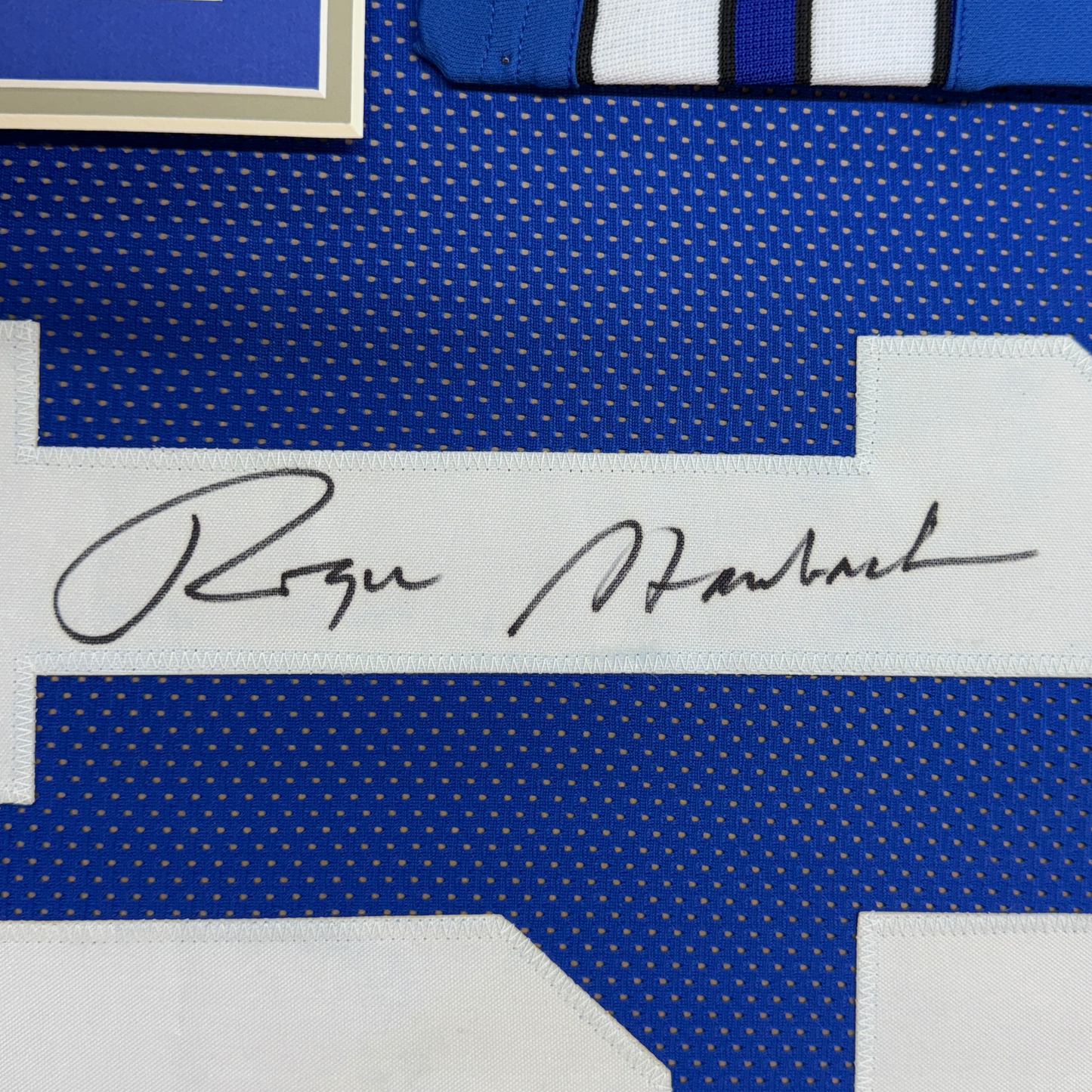 Framed Autographed/Signed Roger Staubach 35x39 Dallas Blue Football Jersey Beckett BAS COA